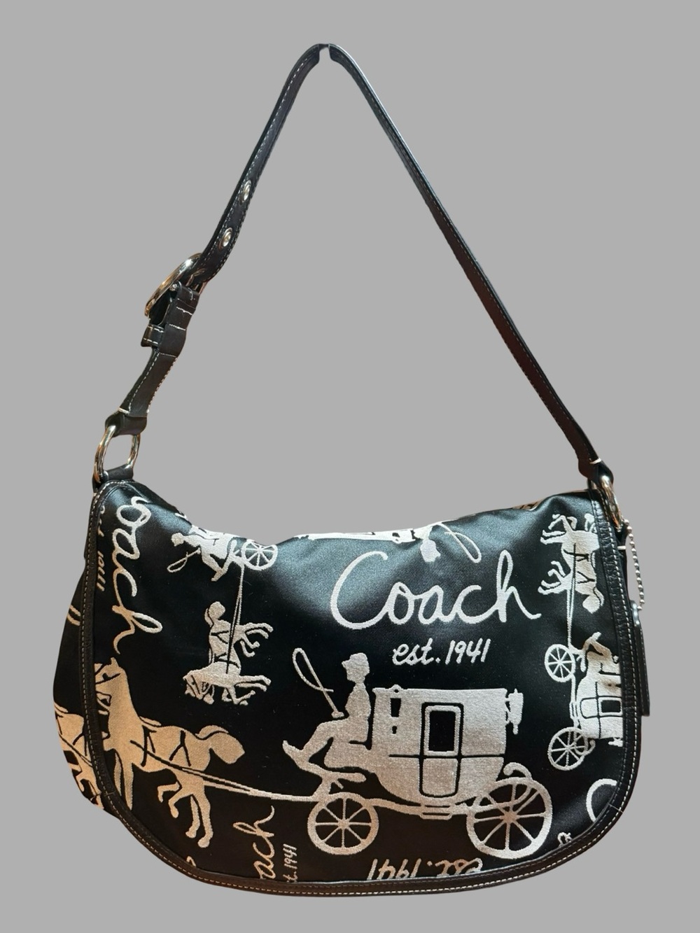 Vintage Coach Y2K Horse & Carriage Graffiti Script Hobo Shoulder Bag Black F1448